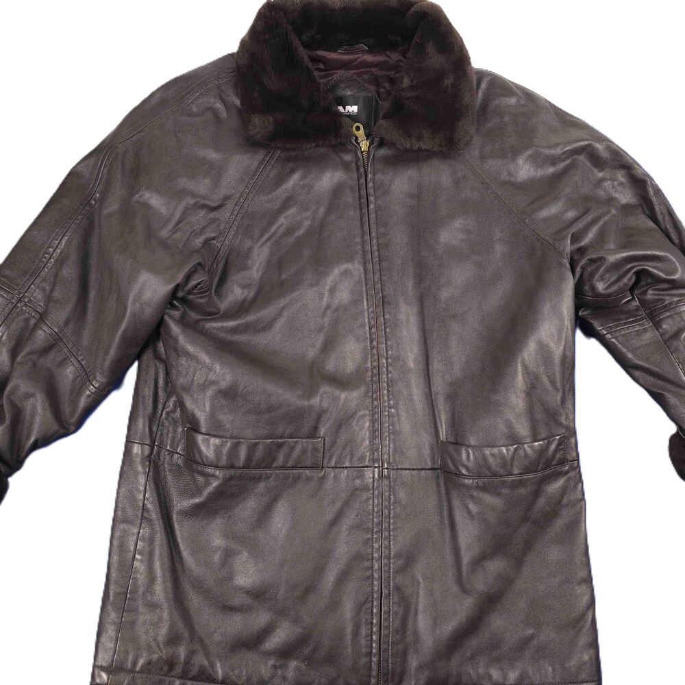 AM Two Jacket Mens Large Black Bomber Winter Casual Leather Fur Collar